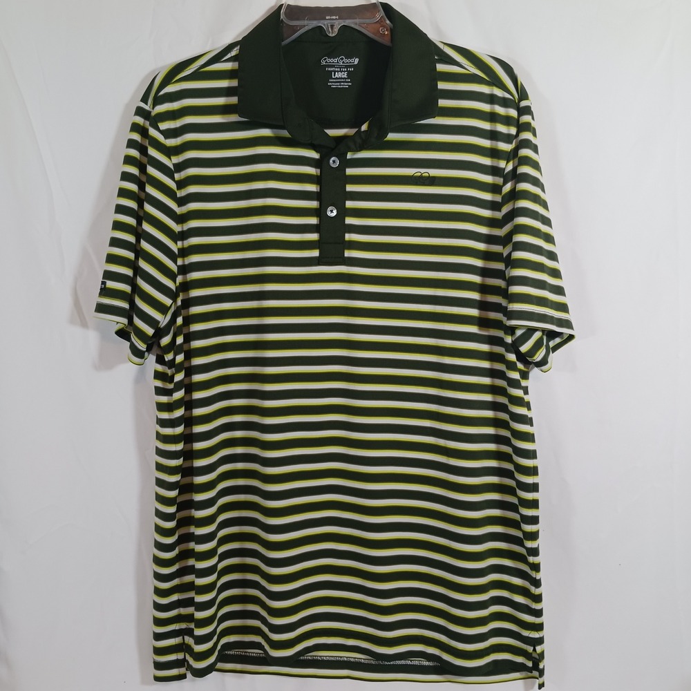 Good Good Golf Polo Mens Large Green Striped Excellent Short Sleeve Performance
